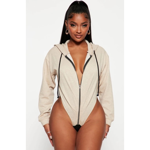 FASHION NOVA NWOT Loungin' Around Hoodie Bodysuit *Oatmeal S - Picture 2 of 13